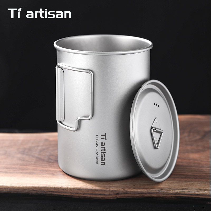 Camping Cooking Mug - Tiartisan 750ml/ 900ml Titanium Foldable Handle